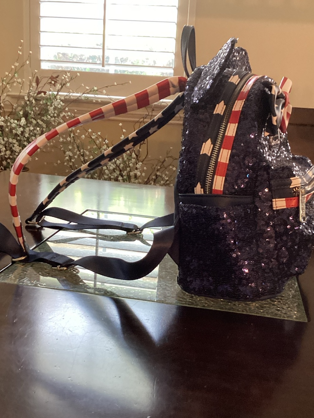 Disney navy blue Sequin Minnie Ear Backpack with Red White Blue Bow - Picture 2 of 9